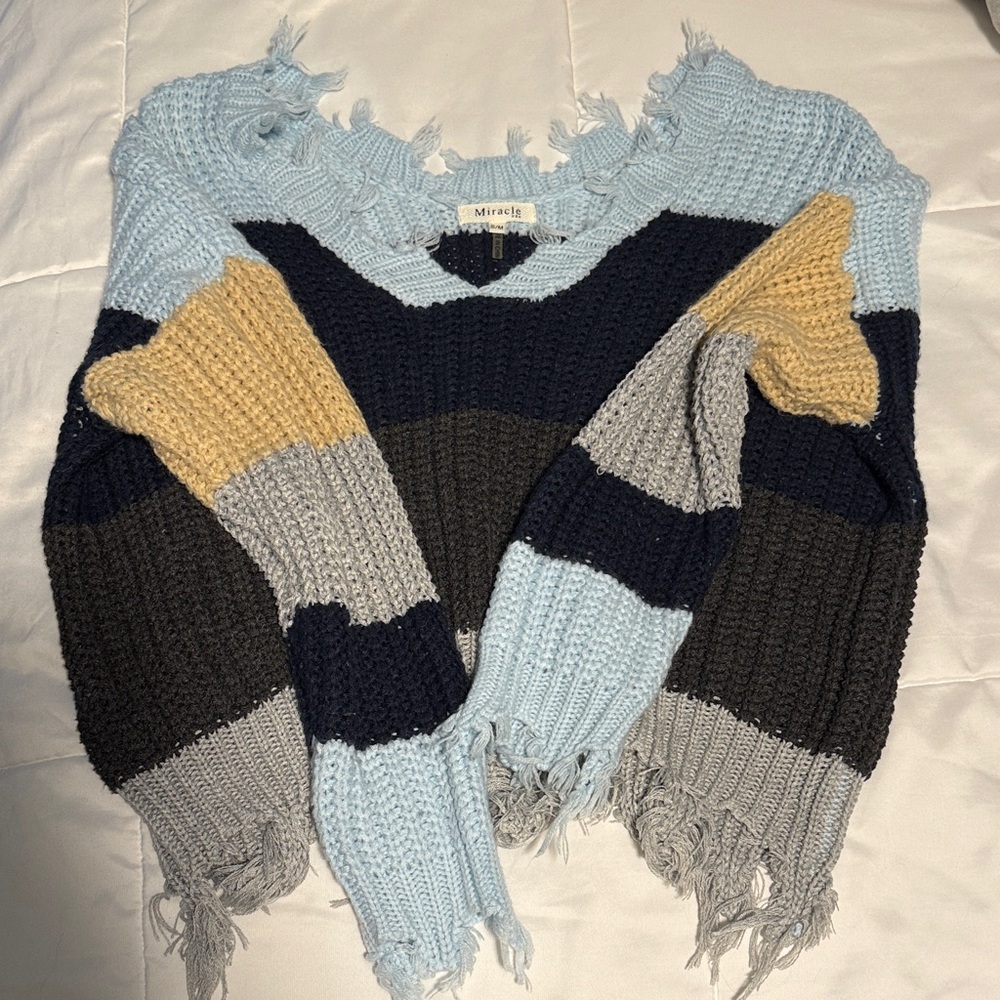 Miracle Blue and Gray Fringed V-Neck Sweater